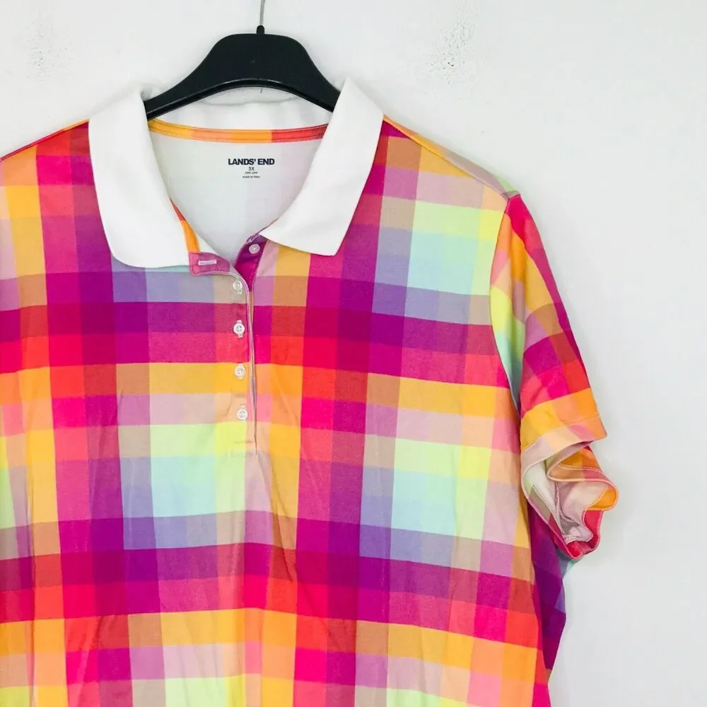 Lands End Women's 3X Polo Shirt Rainbow Plaid Short Sleeve Cotton Popover CM24
